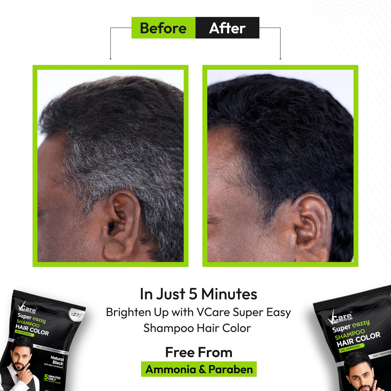 VCare Super Eazzy Hair Colour Shampoo for Women and Men 20ml | Only 5 Minute Root Hair Dye Coloring Kit Head, Moustache, Beard, Hands, Chest | No Ammonia (Pack of 10, Black)