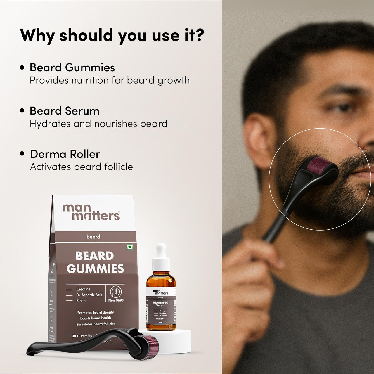 Man Matters Ultimate Beard Growth Kit With Beard Serum, Beard Gummies & Advance Derma Roller | With 4% Anagain, 1% Rosemary, Biotin | For Beard Growth & Nourishment | SLS & Alcohol Free, 100% Vegan