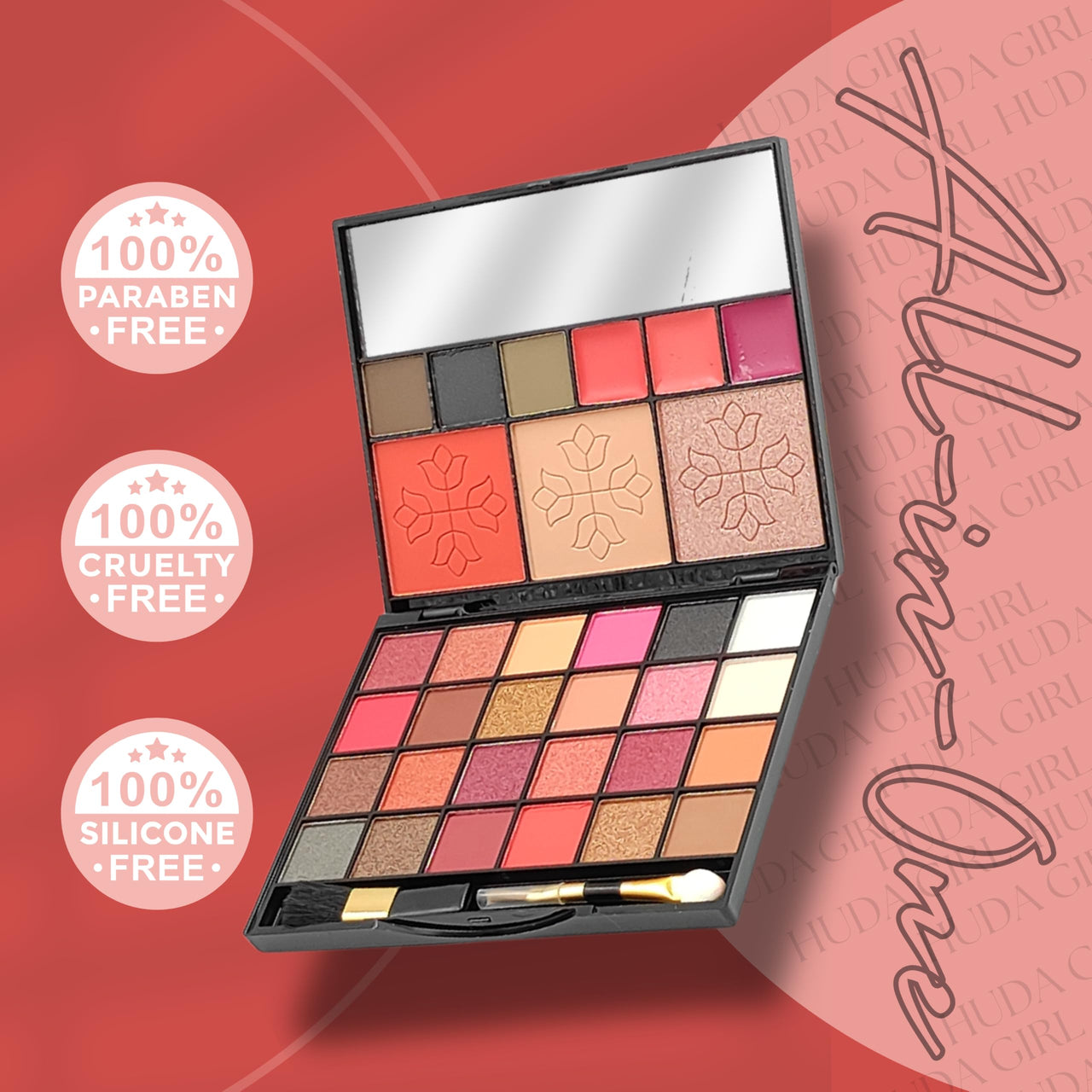 HUDA GIRL All-in-One Makeup Kit with Mirror - Includes 24 Eyeshadow Palette with Brush, 3 Eyebrow Powder, 3 Lip Gloss, 2 Applicator, Blush Contour and Highlighter Palette for Girl & Womens