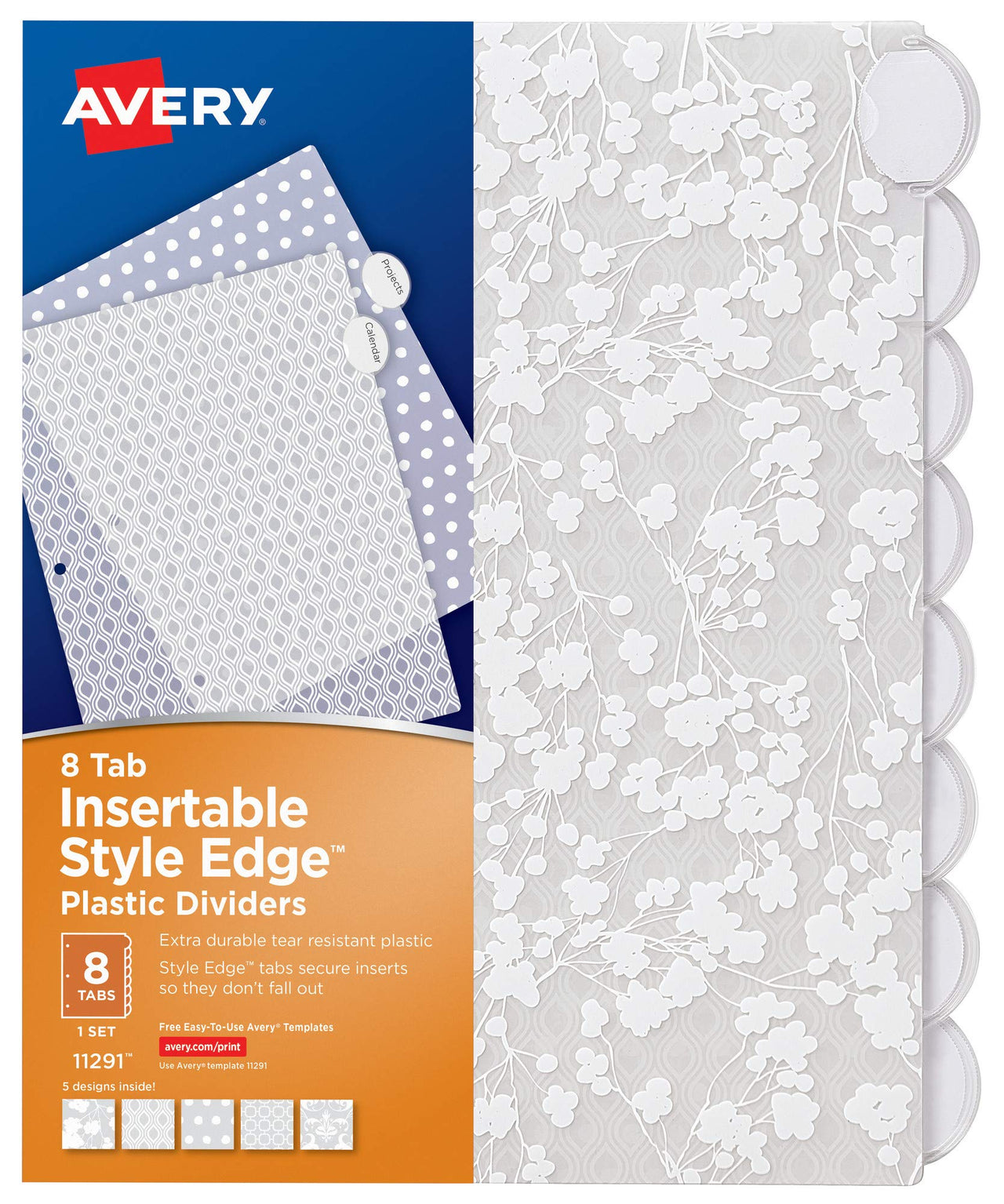 Avery Insertable Style Edge Plastic Dividers for 3 Ring Binders, 8-Tab Set, Assorted White Frosted Designs, 1 Set (11291)