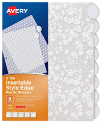 Avery Insertable Style Edge Plastic Dividers for 3 Ring Binders, 8-Tab Set, Assorted White Frosted Designs, 1 Set (11291)