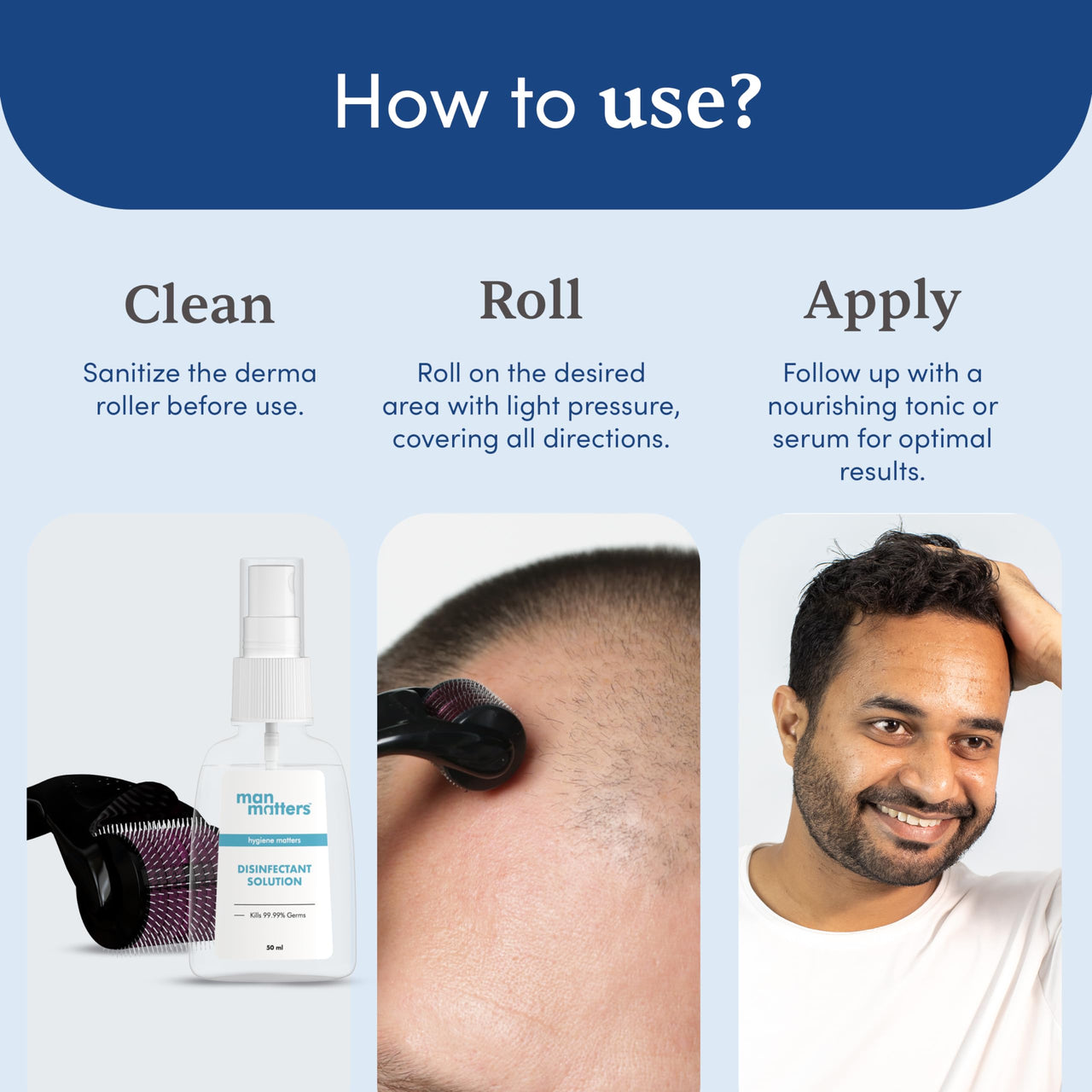 Man Matters 1.00 mm Derma Roller with Disinfectant | With 540 Titanium Alloy Needles | Promotes Beard & Hair Growth & Reduces Acne Scars | Safe & Effective to Use