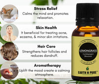 Earth N Pure Lemongrass Essential Oil | Steam Distilled | for Home Diffuser, Skin & Hair Care | 15 ML