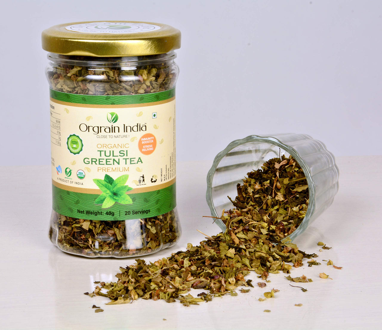 Orgrain India Certified Organic Tulsi Green Tea, 40g | Stress Relieving & Energizing, Immune Support, Adaptogen, Vegan, Gluten-Free