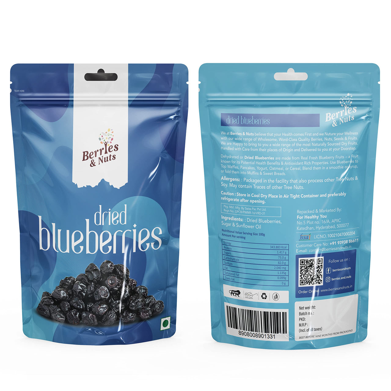 Berries & Nuts Dried Blueberries 400 Grams | Dried Fruits, Immunity Booster, Vitamins Rich, Vegan, Preservative Free | 2 Pack 200 Grams.