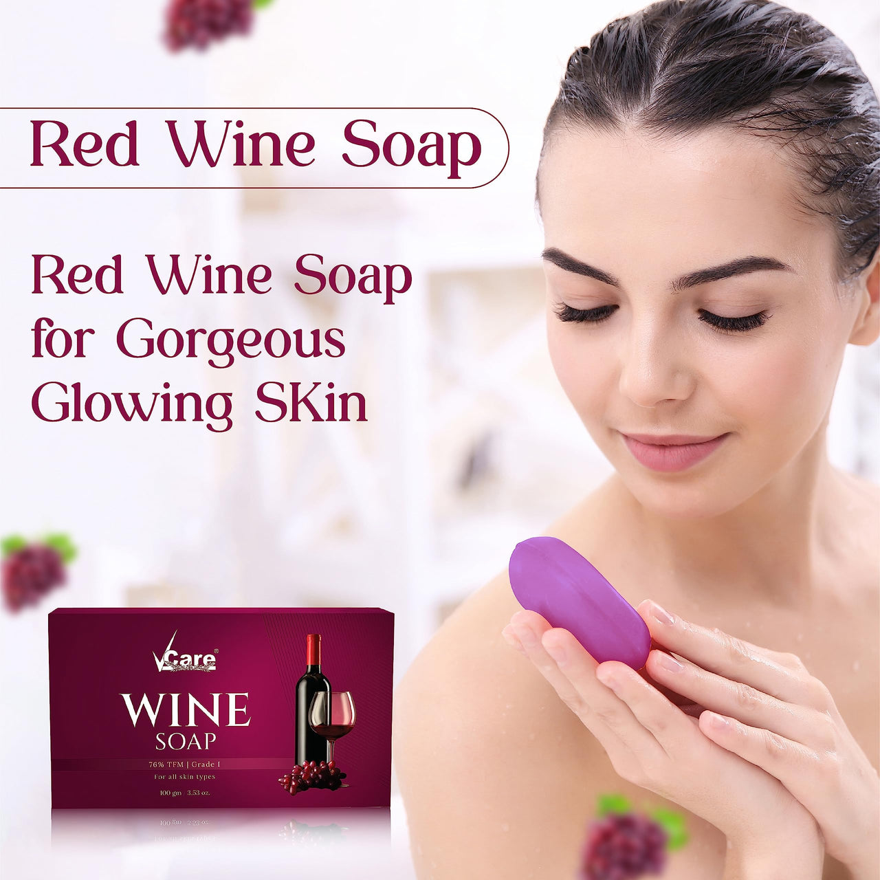 VCare Red Wine Bathing Bar/Soap for Body, Hand, Face 100 gm - Helps to Reduce Fine Lines and Wrinkles for Men and Women (Pack of 8)