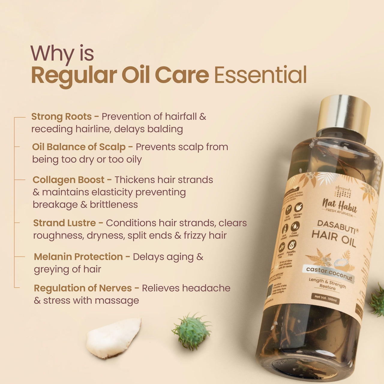 Nat Habit Castor Coconut Dasabuti Hair Oil for Length & Strenghting, Hair Cuticle & Retain Moisture, 100ml
