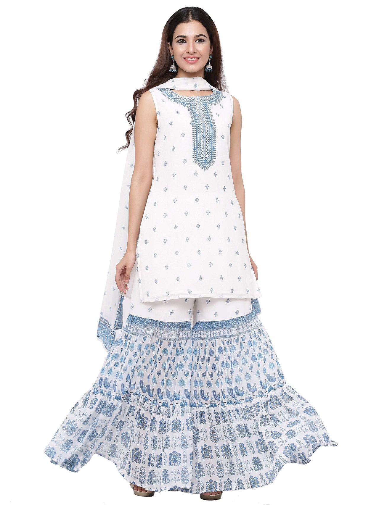 Juniper Blue Georgette Printed Straight Kurta Sharara Dupatta Set