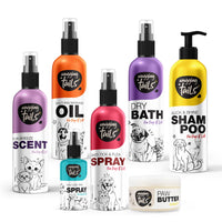 Wagging Tails 7-in-1 Grooming Kit: Dog Shampoo 200ml, Dry Bath 200ml, Massage Oil 200ml, Paw Butter 50g, Paw Spray 100ml, Anti-Tick & Flea Spray 200ml, & Fur Breeze 200ml-natural Ingredients