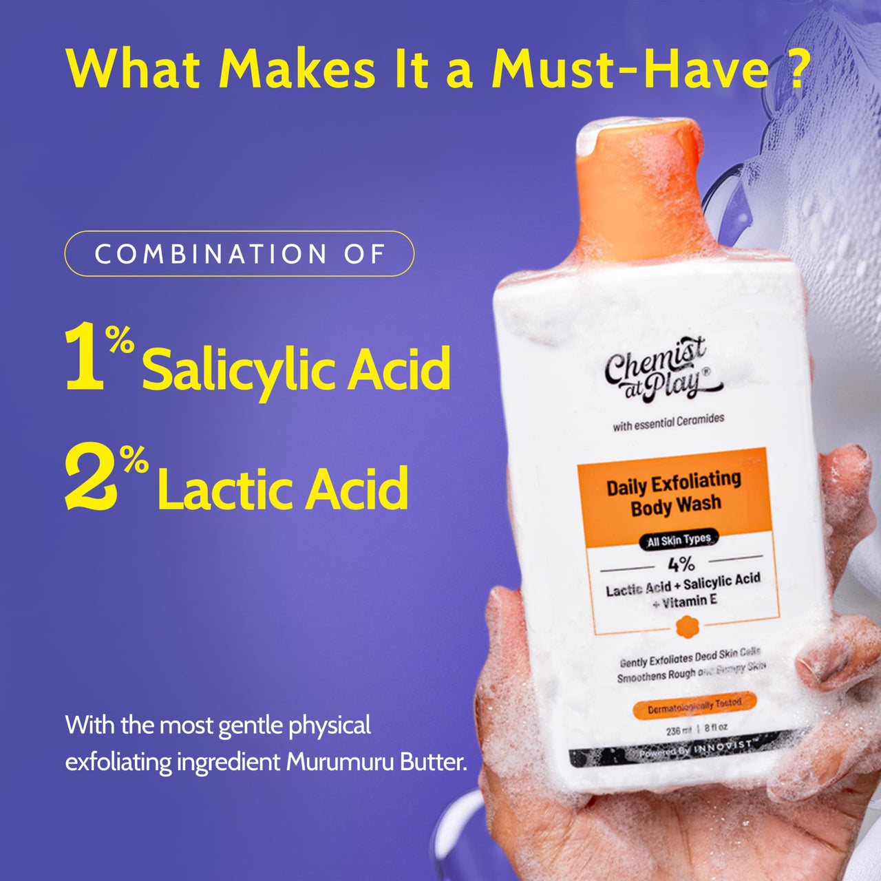 Chemist At Play Exfoliating Body Wash 236ml | 4% (Salicylic Acid, Vitamin E and Lactic Acid) | Paraben & SLS Free | Gentle Exfoliating Shower Gel | Removes Tan| Prevents Dry, Rough, Bumpy Skin | Men & Women