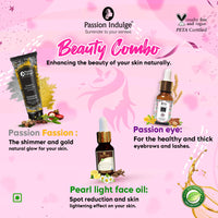 Passion Indulge Eye Lash Oil 10ml | Pearl Light Facial Oil 10ml & Passion Fassion Shimmer Lotion 100ml Beauty Combo Pack for Shine & Glowing Skin | Shimmer Foundation | Eye Brow Serum