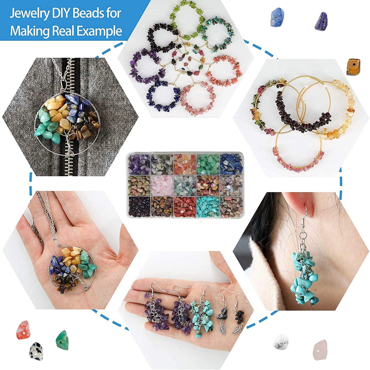 GangGangHao Natural Chip Stone Beads About 1888pcs Irregular Gemstones Healing Crystal Loose Rocks Bead Hole Drilled DIY for Bracelet Jewelry Making Crafting (5-8mm, 15 Color Mix-S2) 15 Color-S2