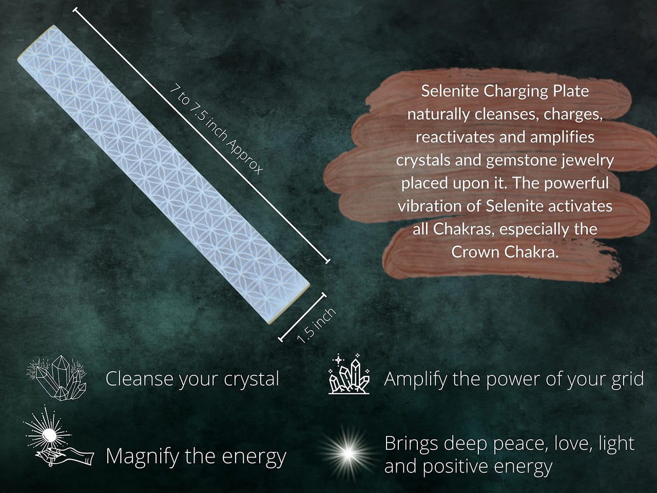 Selenite Crystal Charging Plate For Crystals And Healing Stones, 7.5" Selenite Crystal Plate Engraved Flower of Life Coaster For Home Office Table Decor (Selenite Stick) Rectangle