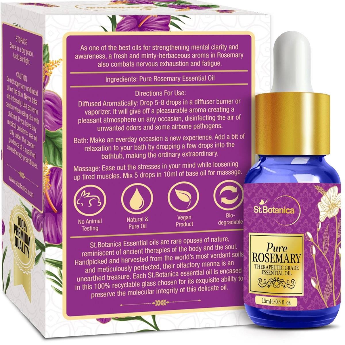 St.Botanica Pure Rosemary Essential Oil, 15ml with 100% Pure & Natural Rosemary Essential Oil | Cruelty Free & Vegan | Paraben Free | No Mineral Oils