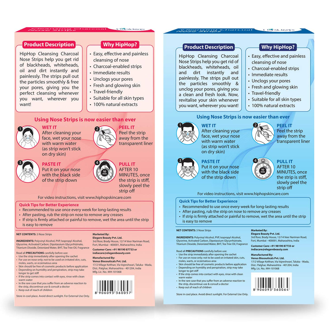 HipHop Skincare Charcoal Nose Strips Combo for Men & Women, Blackhead & Whitehead Remover, Pore Cleanser - Pack of 2 (3 Strips each)