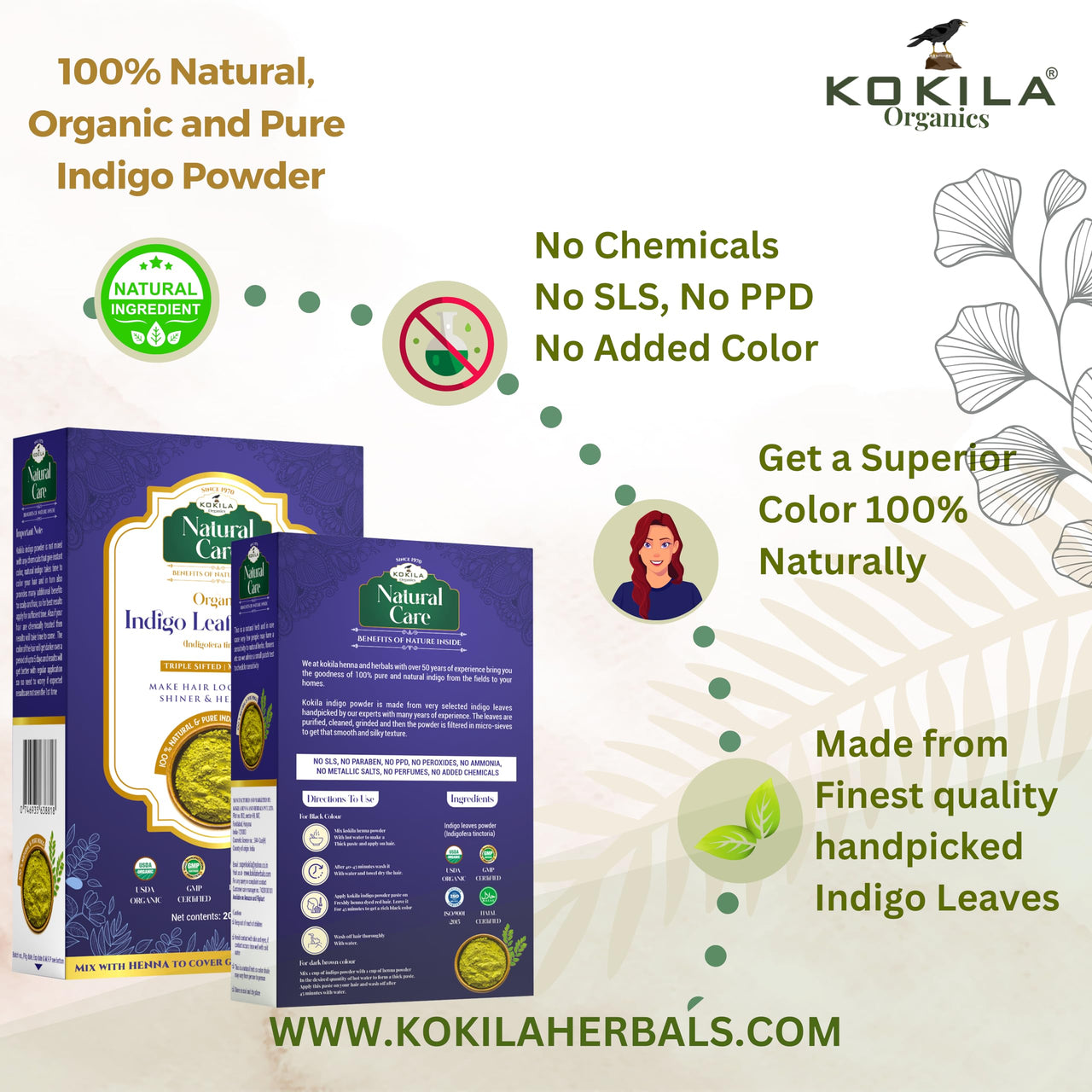 Kokila Indigo Powder 100% Naturals & Organic Hair Coloring, Protects hair from Damage, Dark Brown Color - 1 Box (2 Pouches - 100Gm each) 200Gm