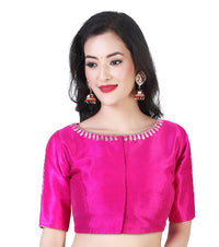 X3 Women's  Silky Polyester Lined With Pure Cotton Embroidered Elbow Sleeves Saree Blouse