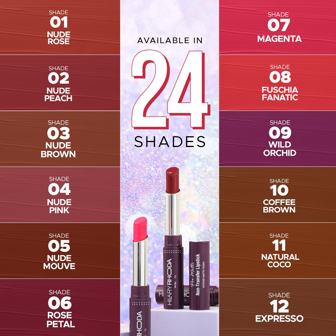 Hilary Rhoda Pro Matte Non-Transfer Lipstick | Waterproof & Smudge-Proof | 12-Hour Long Stay | 24 Shades Available | Highly Pigmented Matte Finish Lipstick | 2g - (Wine Rouge | Shade 24)