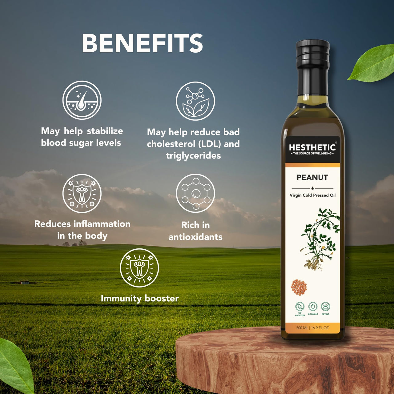 Hesthetic - Edible Cold Pressed Peanut (Groundnut) Seed Oil | 750ml | Rich in Healthy Fats, Ideal for Cooking, Frying & Salad Dressings | 100% Pure & Natural | Food Grade Virgin Oil | Glass Bottle