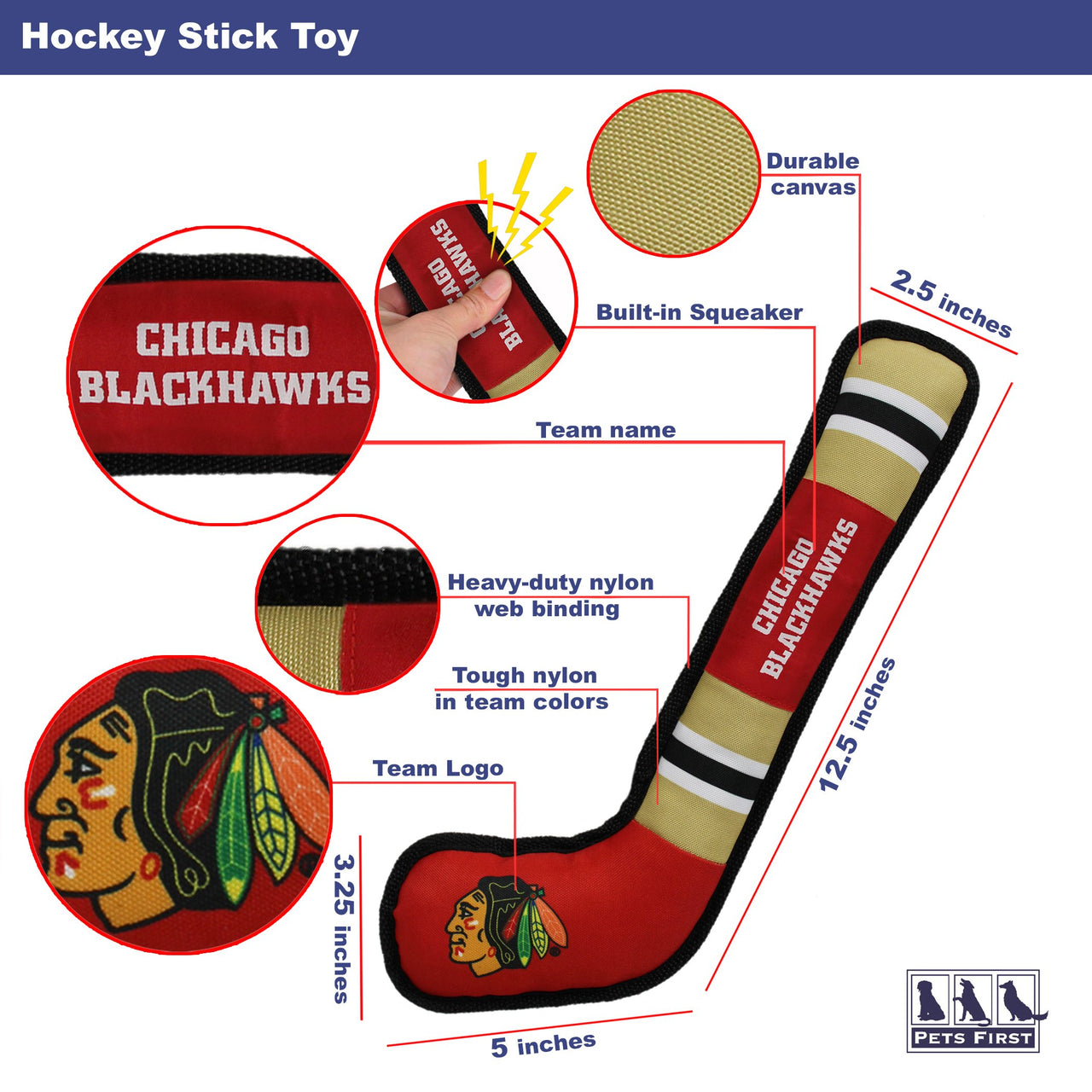 Pets First Dog Toy Tough Nylon with Inner Squeaker Licensed by NHL Chicago Blackhawks Hockey Stick Toy for Dogs & Cats. Play Hockey with Your Pet with This Licensed Dog Tough Toy