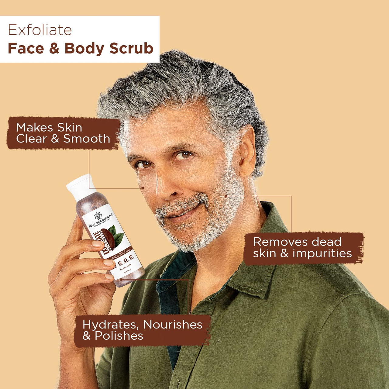 Bella Vita Organic Face & Body Scrub for Skin Brightening De-Tan Ayurveda, Exfoliate Knees, Elbows, Scalp, Arms Etc, 75 g & Face Wash, 225 grams
