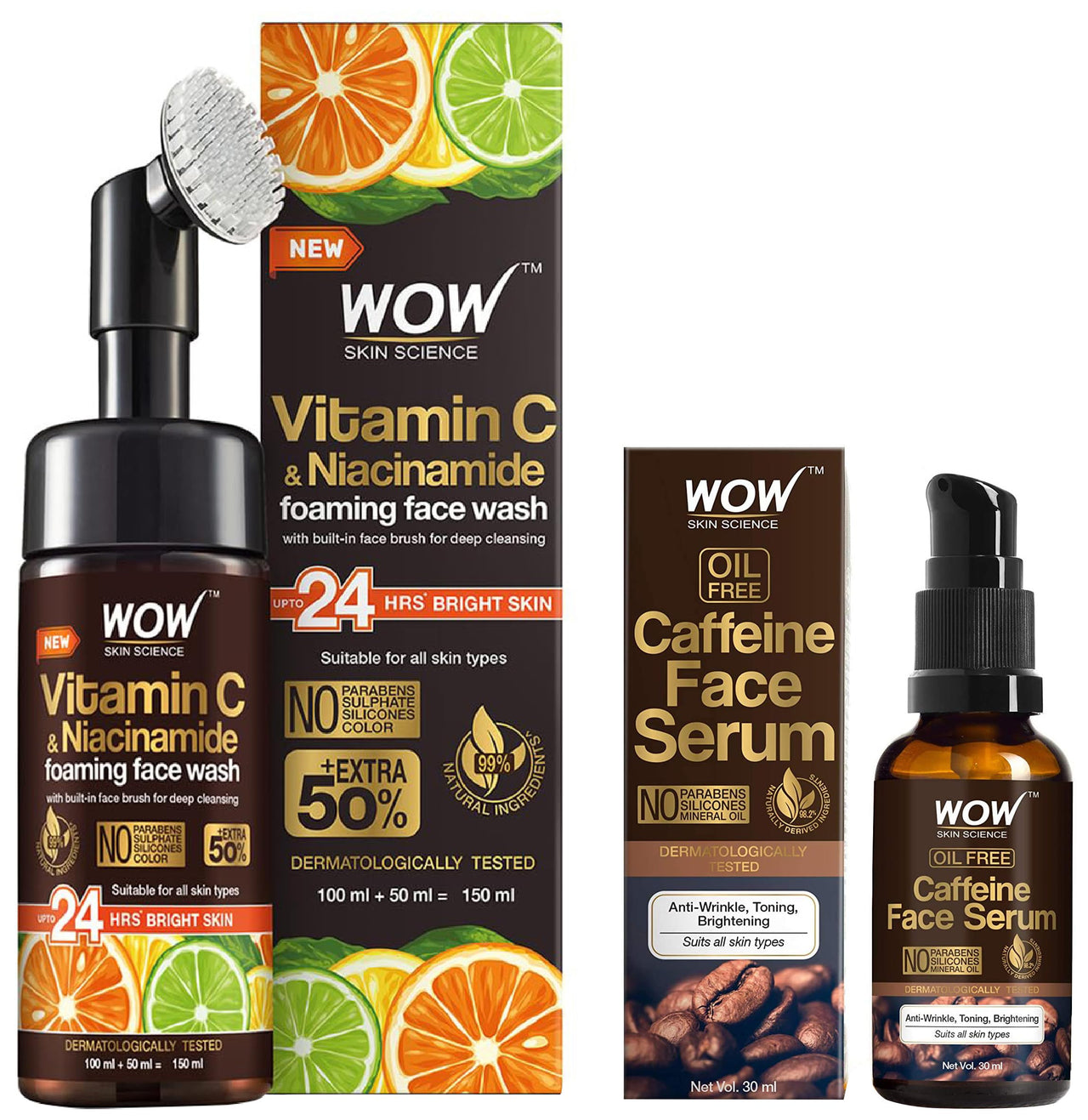 WOW Skin Science Caffeine Face Serum - Quick Absorbing - OIL FREE - Anti-Aging & WOW Skin Science Brightening Vitamin C Foaming Face Wash Combo