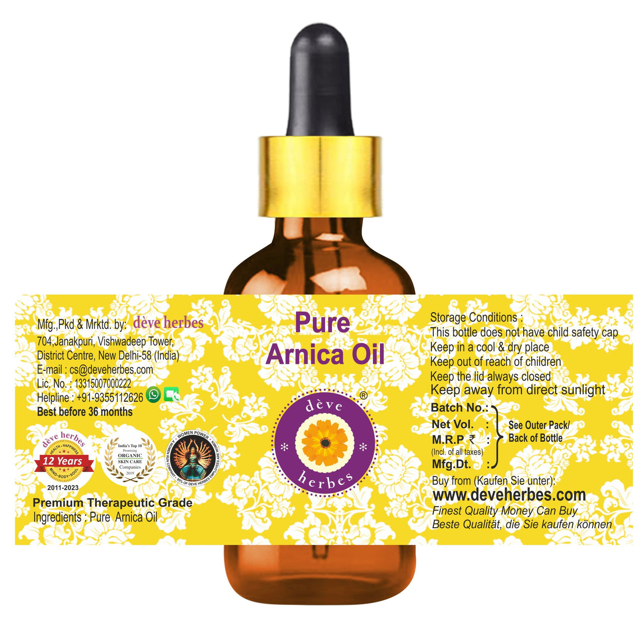 Deve Herbes Pure Arnica Oil (Arnica montana) With Glass Dropper Natural Therapeutic Grade 30ml