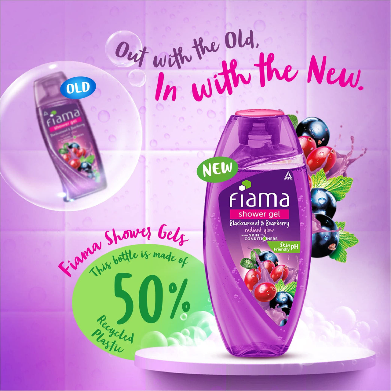 Fiama Cooling Shower Gel Menthol & Magnolia, 250ml Bottle & Fiama Shower Gel Blackcurrant & Bearberry Body Wash With Skin Conditioners, 250ml Bottle