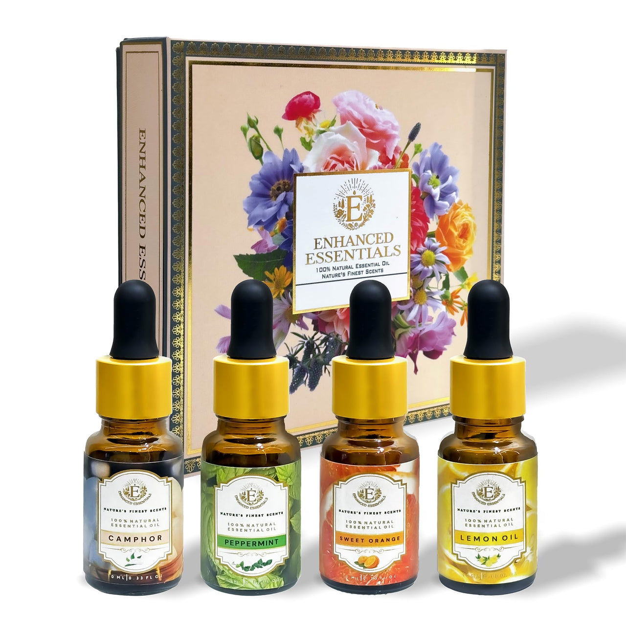 Luxurious Essential Oil Box of 4 by Enhanced Essentials - LEMON,SWEET ORANGE,PEPPERMINT,CAMPHOR|100% Pure,Natural& Highly Concentrated|Therapeutic grade|With individual glass droppers| Ultra Premium Grade Oils Set for Home Diffusers, Skin, Aromatherapy, B