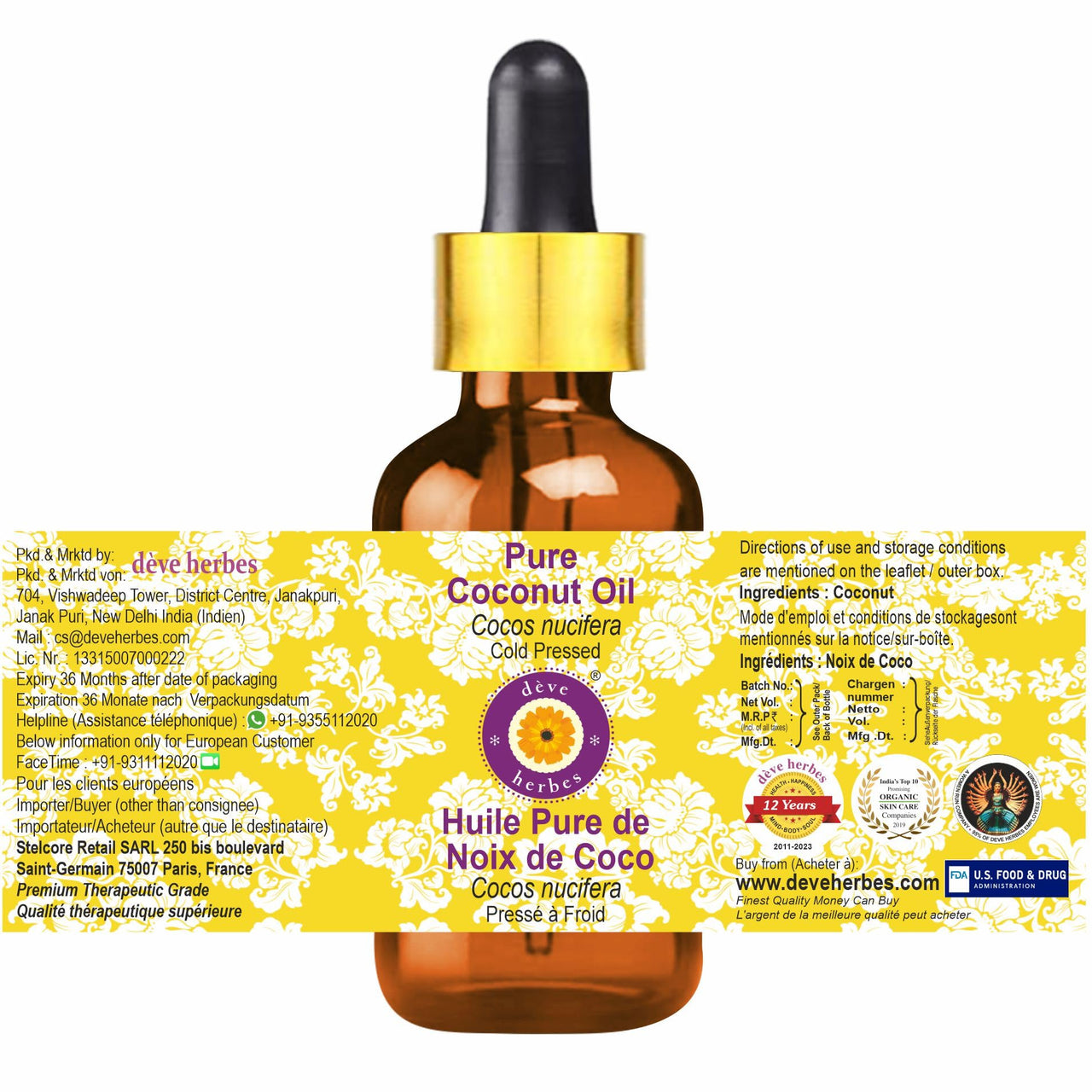Deve Herbes Pure Coconut Oil (Cocos nucifera) with Glass Dropper Natural Therapeutic Grade Cold Pressed 100ml