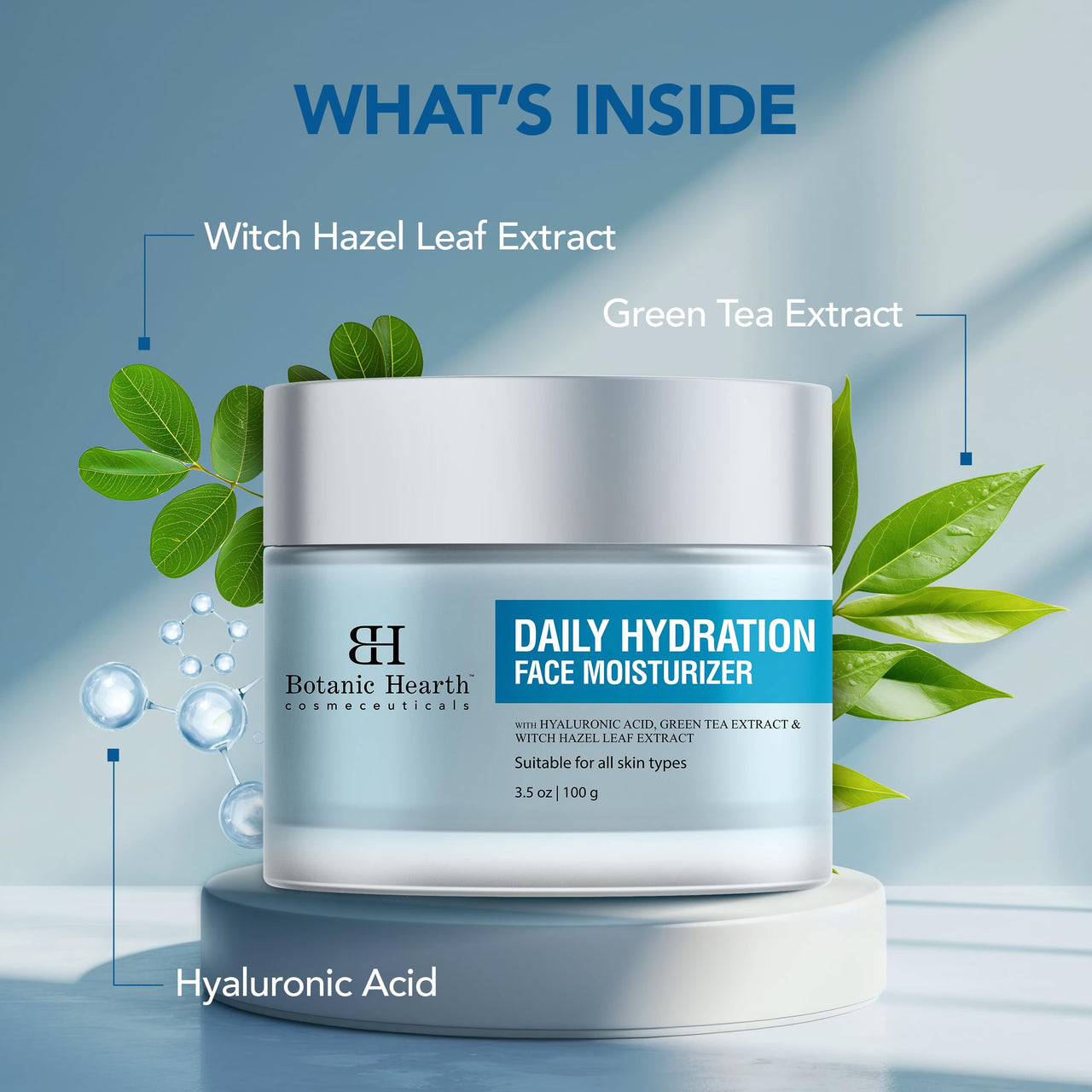 Botanic Hearth Daily Hydration Moisturizer for Face with Hyaluronic Acid & Green Tea Extract - 100g | Moisturizer for Dry Skin | Face Cream for Women & Men | For All Skin Types