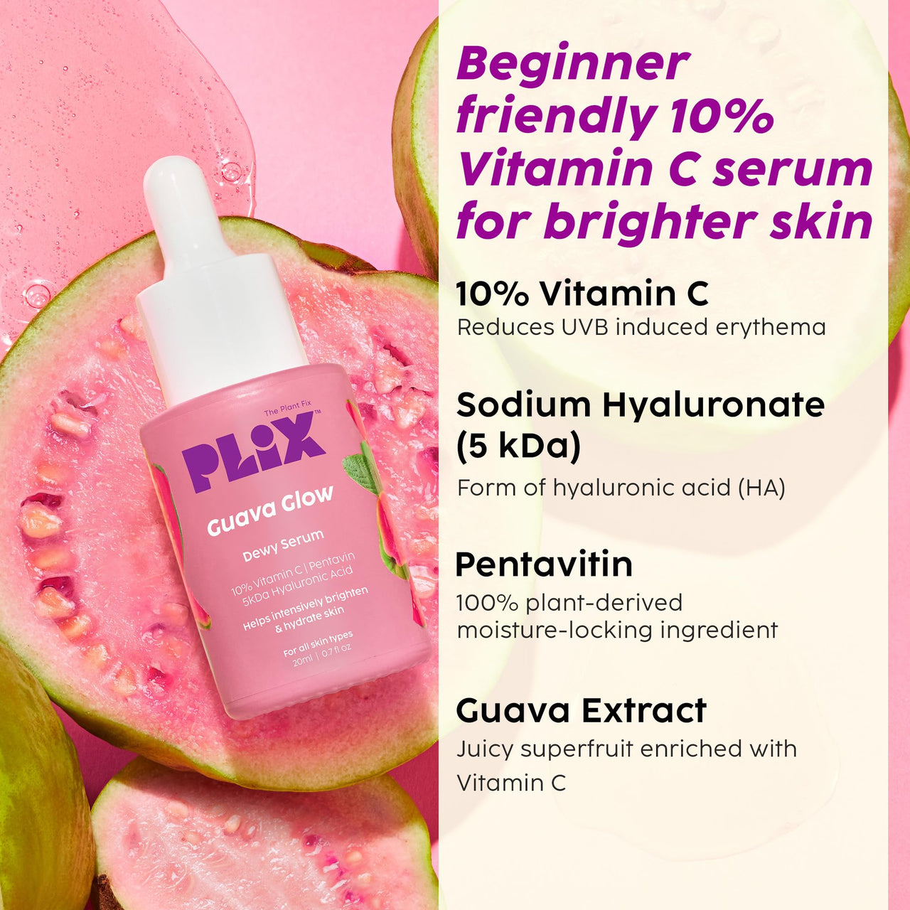 PLIX - THE PLANT FIX Guava & Roses Regime for Bright Skin & Balanced Skin pH| Hydrating Cleanser| 2-in-1 Toner Serum| Vitamin C Serum | Smoothie Moisturizer | For Men & Women| Glowing in 1 Use