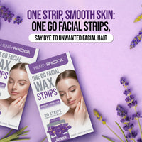 Hilary Rhoda One Go Facial Wax Strips | Ready-To-Use | Face, Cheek, Upper Lip & Chin Facial Wax | Painless Hair Removal | With 2 Finish Wipes | 20 Strips (Lavender)