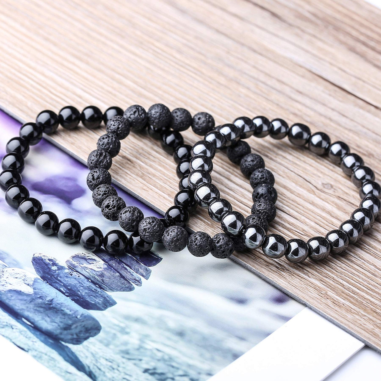 WRCXSTONE Natural 8mm Gorgeous Semi-Precious Gemstones Healing Crystal Stretch Beaded Bracelet Unisex 3 Pieces a Set