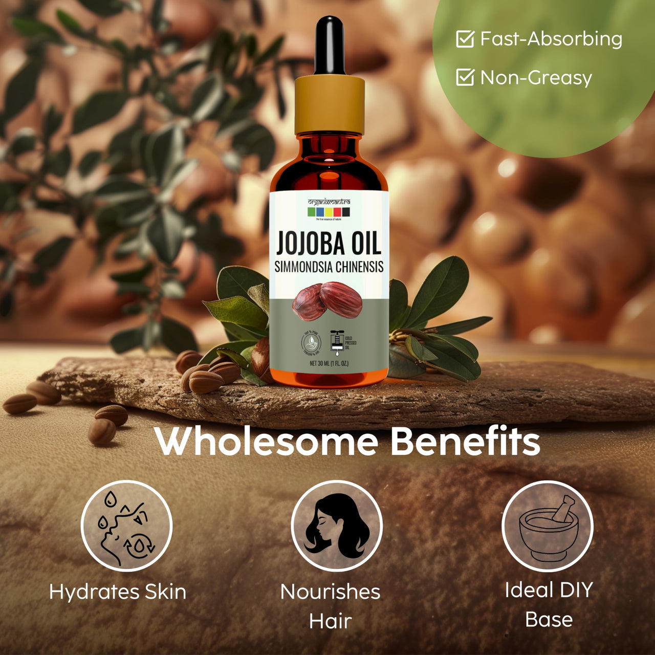 Organix Mantra Jojoba Body Oil for Hair Growth, Moisturizing Skin, Makeup Primer & Nails | 100% Pure, Natural & Cold Pressed Oil, 30ML
