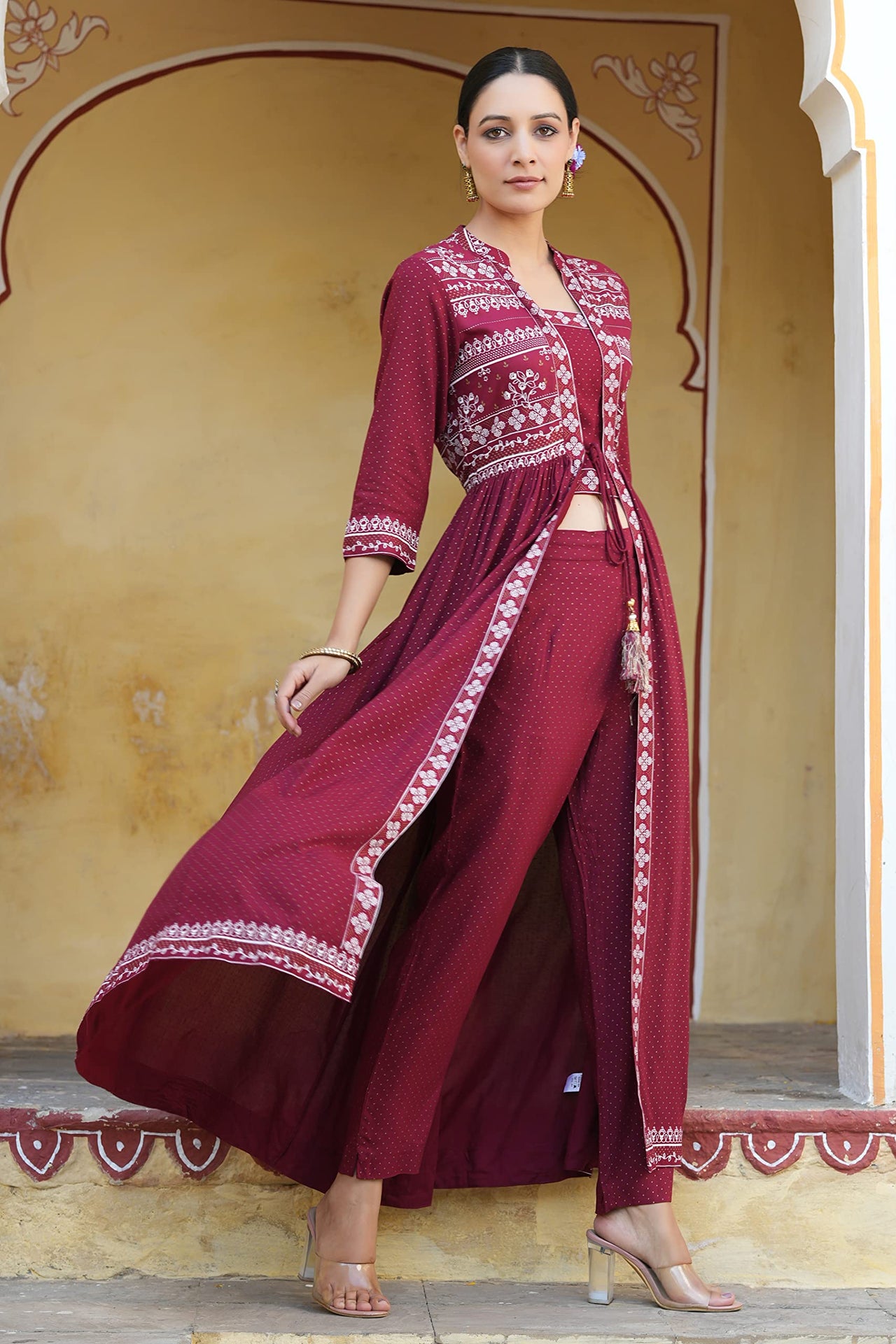 Juniper Maroon Rayon Printed Jacket Style Kurta Pant Set