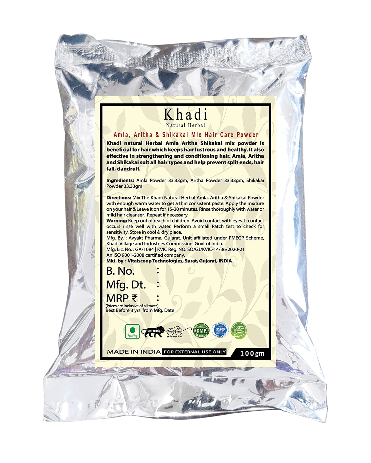 Khadi Natural Herbal Natural Hair Shampoo With Amla Aritha And Shikakai Powder | Control Hair Fall ,Dandruff | | Strengthening & Conditoning Hair | Suitable For All Hair Types Men & Women Natural Shampoo 100Gm