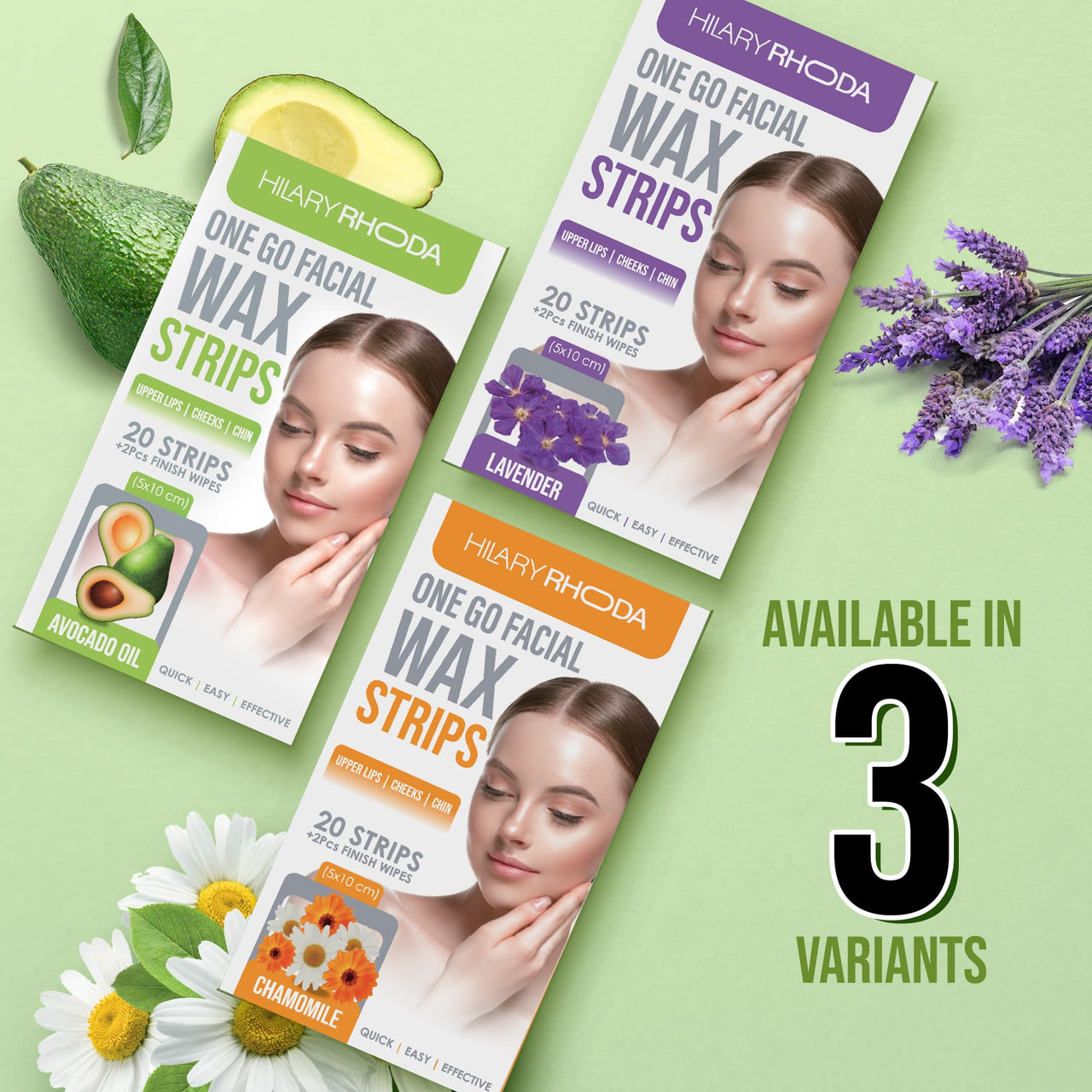 Hilary Rhoda Women One Go Facial Wax Strips - Ready-To-Use for Face, Cheek, Upper Lip & Chin - With 2 Finish Wipes - 20 Strips (Avocado Oil), Pack of 1