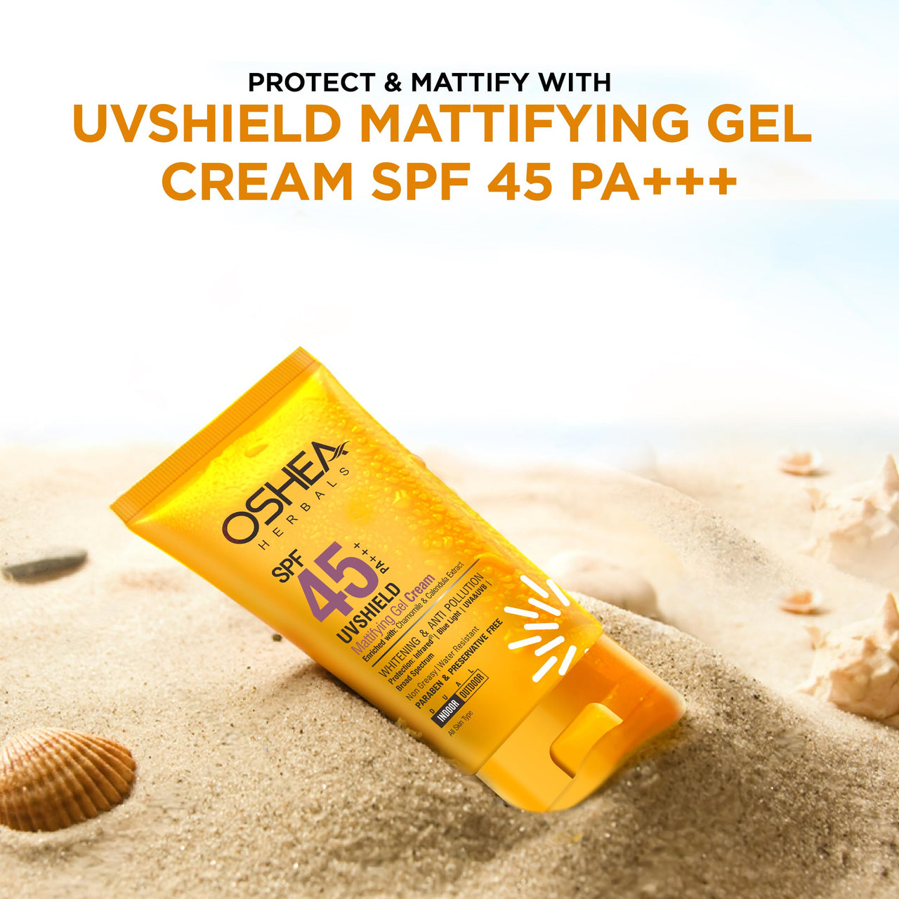 Oshea Herbals UVShield Mattifying Gel Sunscreen Cream SPF 45 PA +++ for All Skin Types | Non Greasy & Water Resistant | Blue Light, UVA & UVB Protection | Enriched with Chamomile Extract 120g
