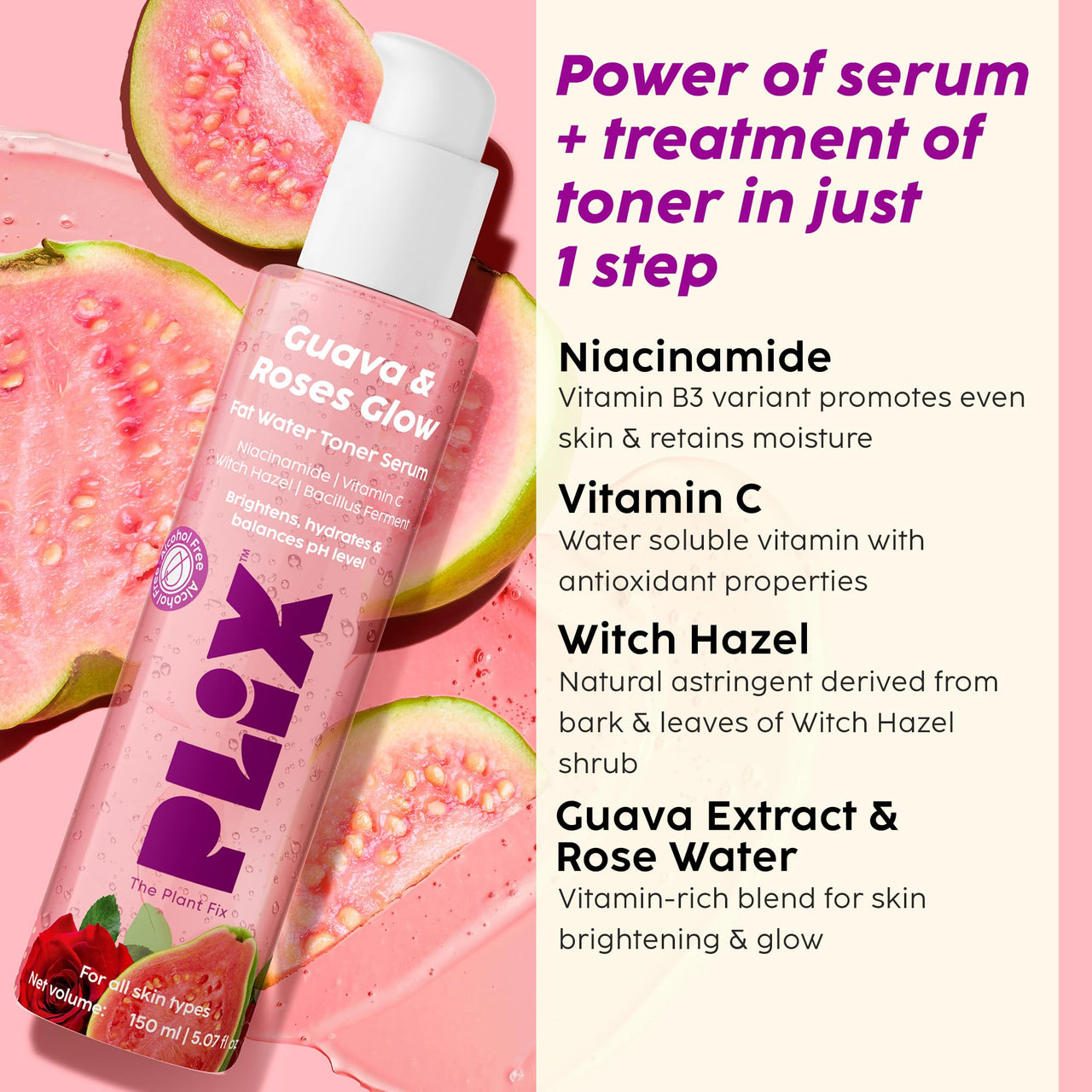PLIX - THE PLANT FIX Guava & Roses Glow Fat Water Toner Serum | 2-in-1 Toner serum | Fades Blemishes, Tightens & Cleanses Pores | Soothes Redness & Irritated Skin | 150ml