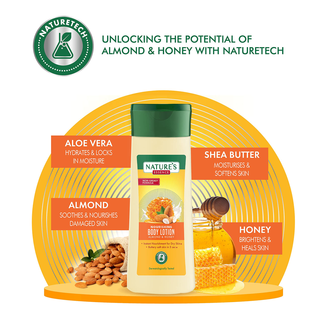 NATURE'S ESSENCE Almond & Honey Body Lotion, Smooth Skin in 5 Seconds, Nourishing & Non-Greasy for Dry to Rough Skin, Goodness of Aloe Vera & Shea Butter, White, 100 ml