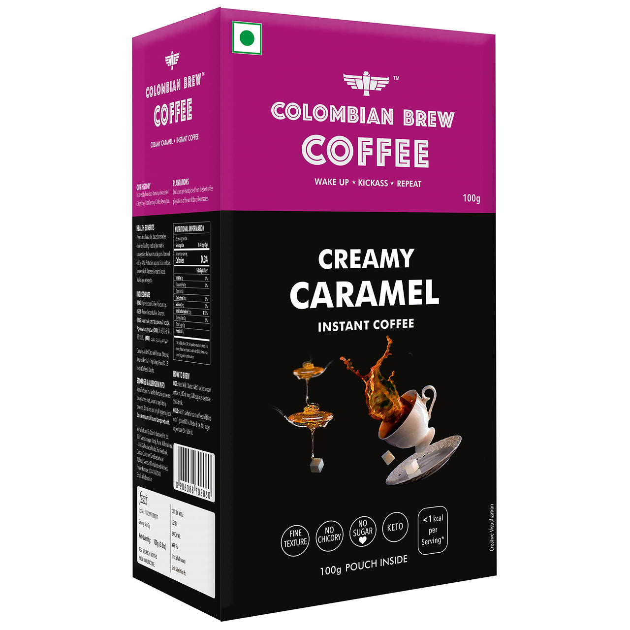 COLOMBIAN BREW COFFEE Hazelnut Instant Coffee Powder, No Sugar Vegan, 100g, Box & Colombian Brew Creamy Caramel Instant Coffee Powder, No Sugar Vegan, 100g