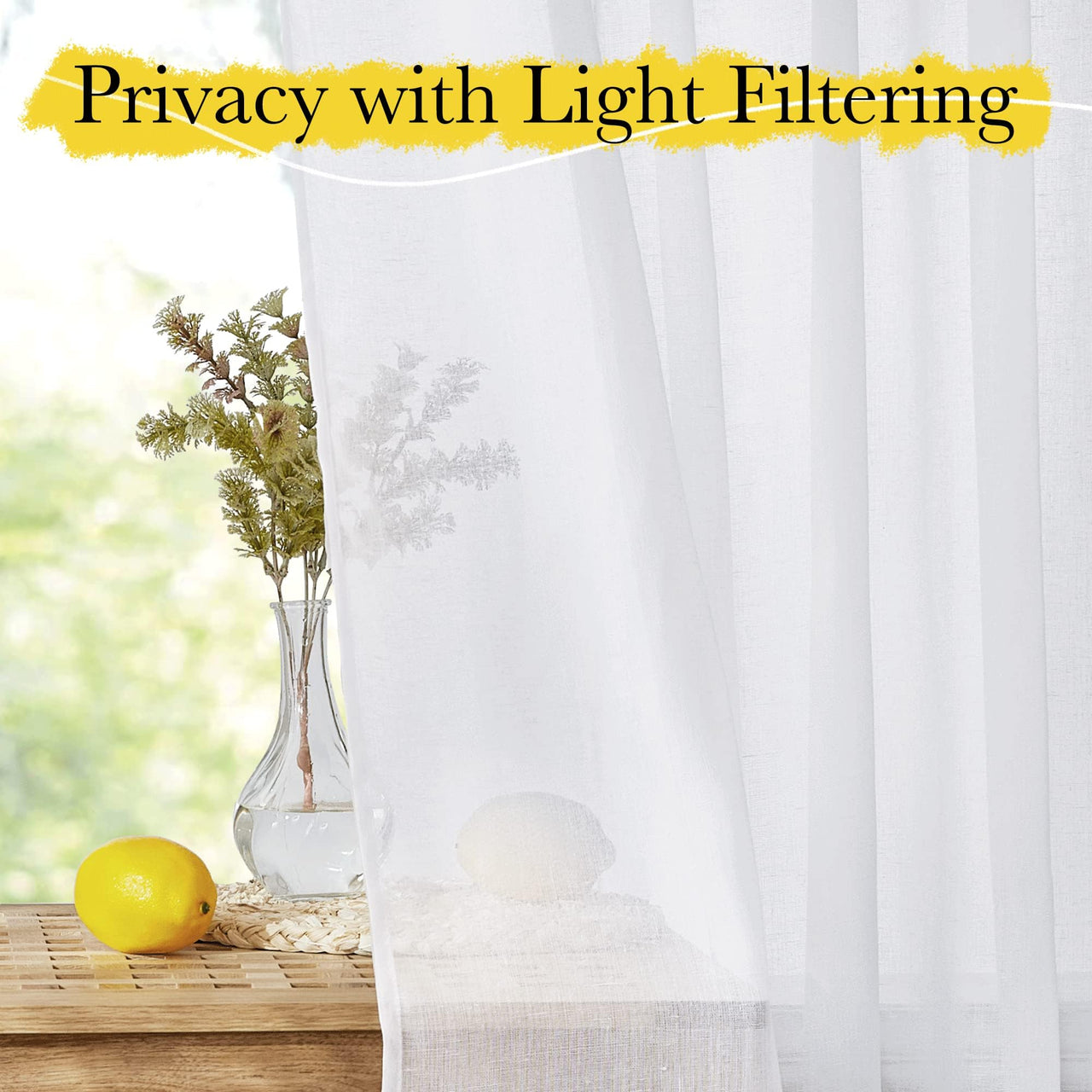NICETOWN Kitchen Window Curtains, Rod Pocket Semi Sheer Linen Drapes Short Small Curtains Privacy Protection with Light Filtering for Bathroom/Cafe, White, W42 x 45", 2 Panels W42 x L45 *White
