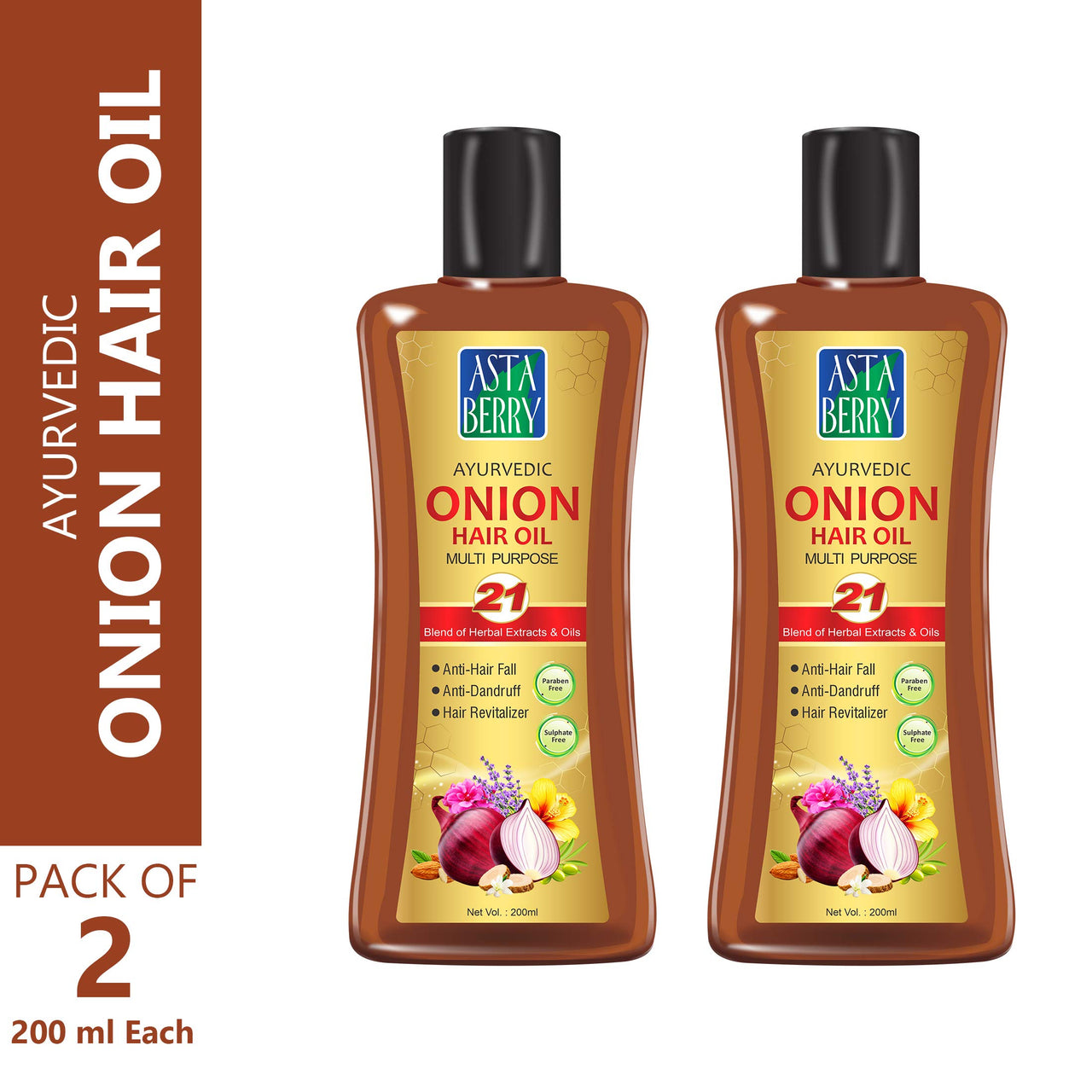 ASTABERRY Onion Hair Oil For Hair Growth 200ml- Anti-Hair Fall Oil | Anti Dandruff & Anti Revitalizer | Goodness of 21 Herbal Extract & Essentials Oils Pack of 2,(2 x 200ml)