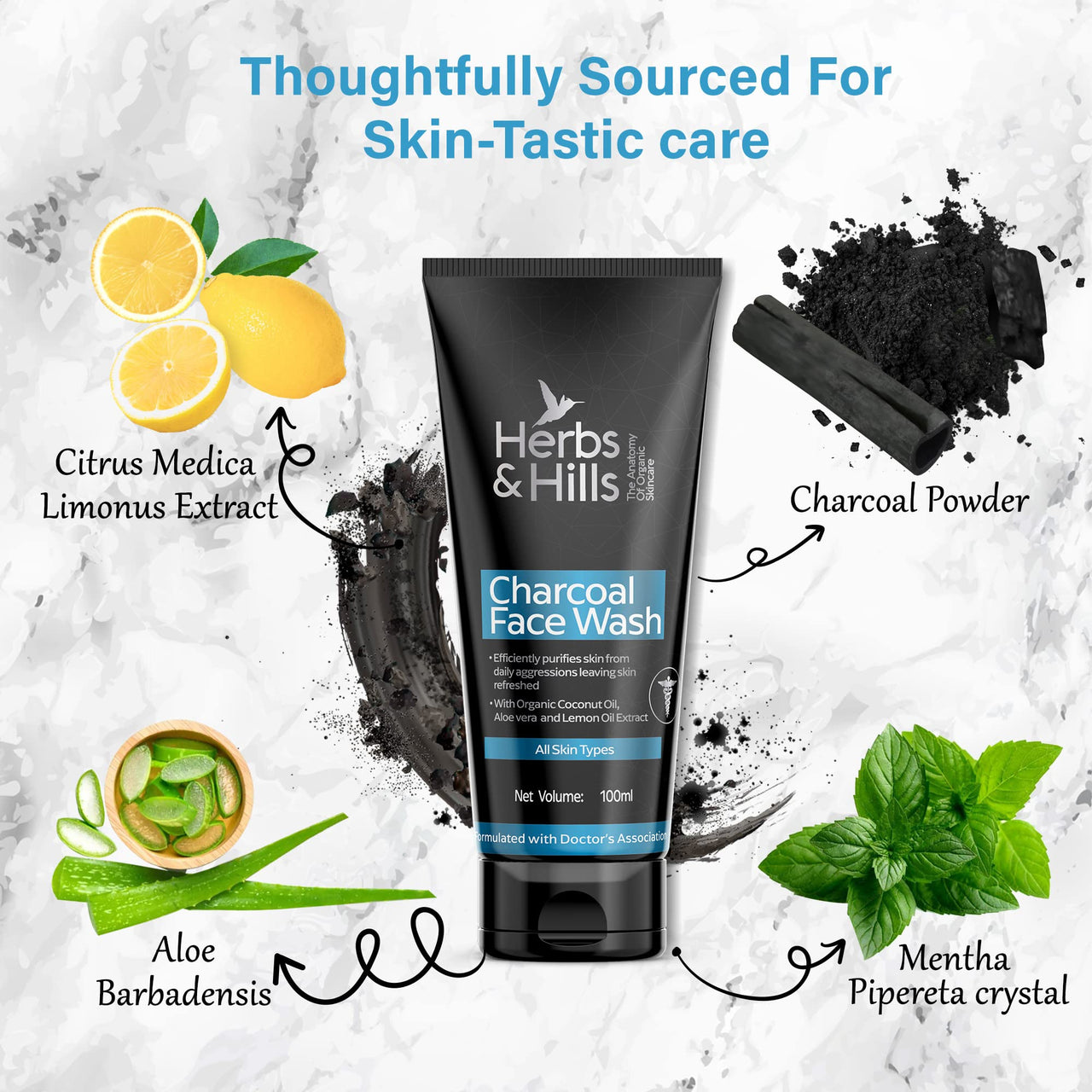 Herbs & Hills Organic Charcoal Face Wash - 100ml | Anti Pollution | Oil Control | For Dirt & Dullness | Face Wash for Oily & Acne Prone Skin | With Natural Coconut Oil, Aloe Vera & Lemon Oil Extract