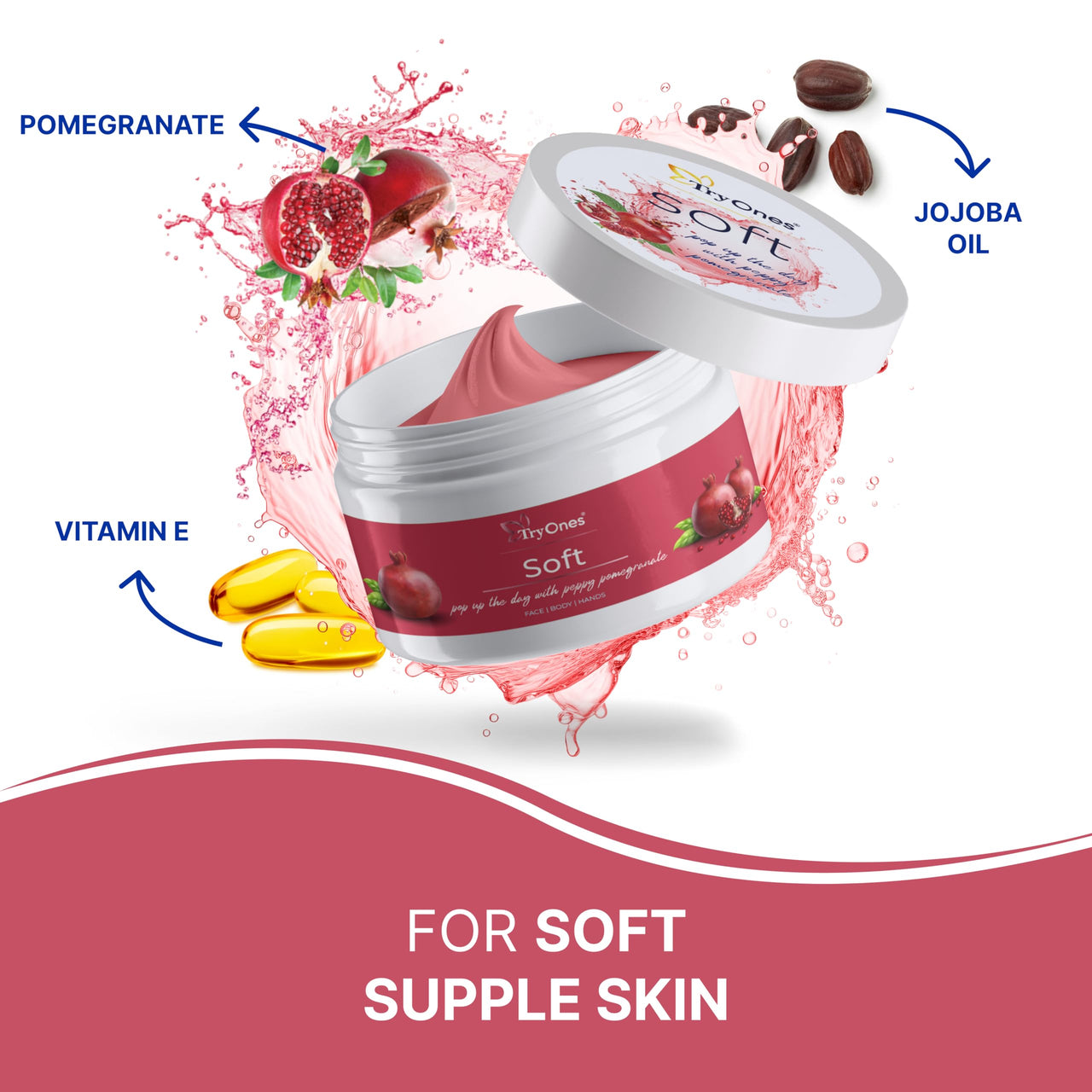 TryOnes Pure Pomegranate Soft Light Moisturizing Cream With Vitamin E For All Skin Types 100% Natural, 0% Chemicals_Pomegranate_50g