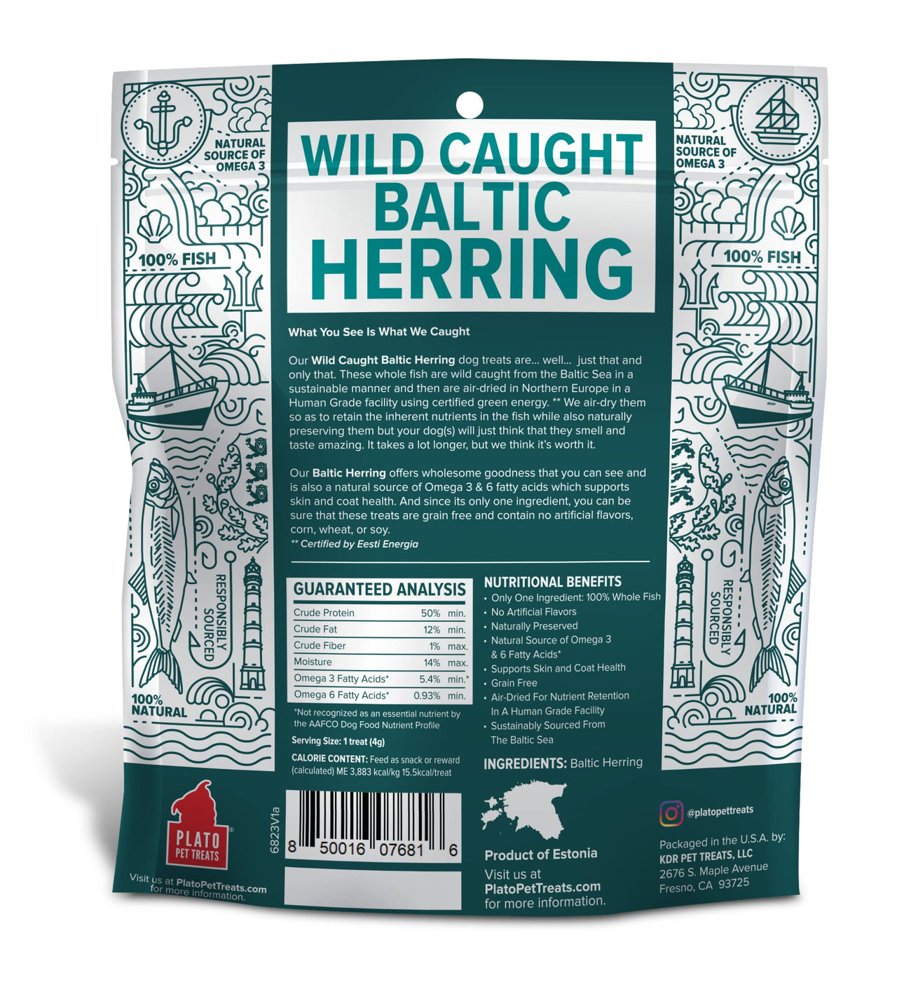 PLATO Baltic Herring Dog Treat - Real Fish - Air Dried - Grain-Free - Baltic Herring, 3 Ounces, Natural