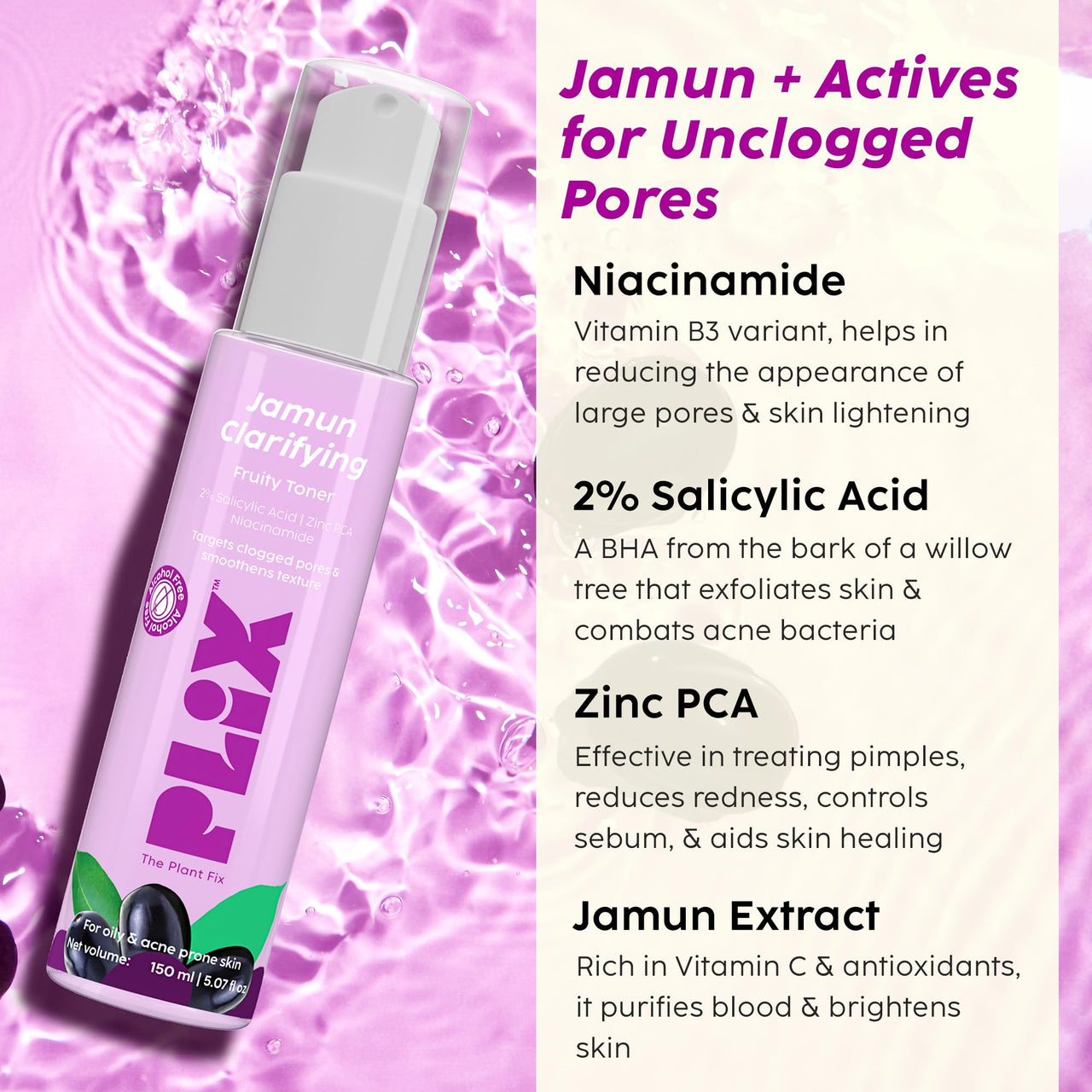 PLIX - THE PLANT FIX Jamun Clarifying Fruity Toner (150 Ml)|With Niacinamide & Jamun Extract|Targets Clogged Pores & Smoothens Skin|For Oily & Acne Prone Skin|Alcohol Free, For Women & Men