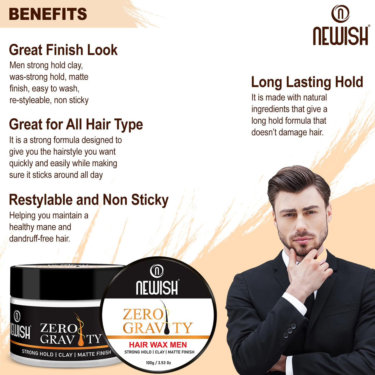 Newish Zero Gravity Hair Wax for Men | 100 gm | Strong Hold, Matte Finish, Long-Lasting | Hair Styling Wax for All Hair Types