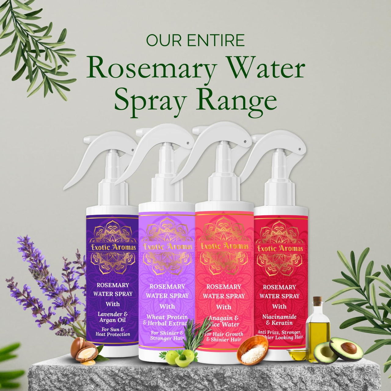 Exotic Aromas Rosemary Water Spray with Wheat Protein & Herbal Extracts, For thicker,shinier & stronger hair, 100 ML
